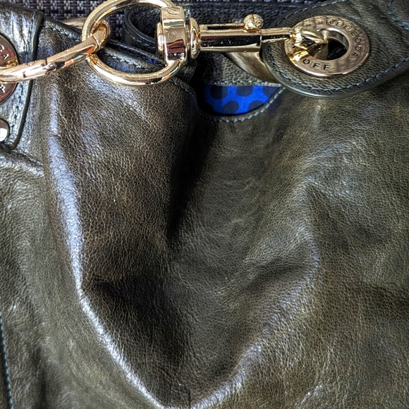 EUC Rebecca Minkoff dark green shiny soft leather interior blue/blk polka dot - Picture 3 of 14